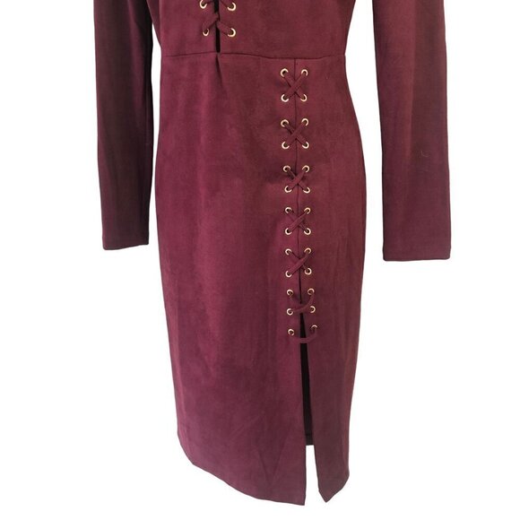 WOW Culture Open Back Bodycon Dress Sz S Faux Suede LaceUp Thigh Slit Wine - Picture 3 of 9